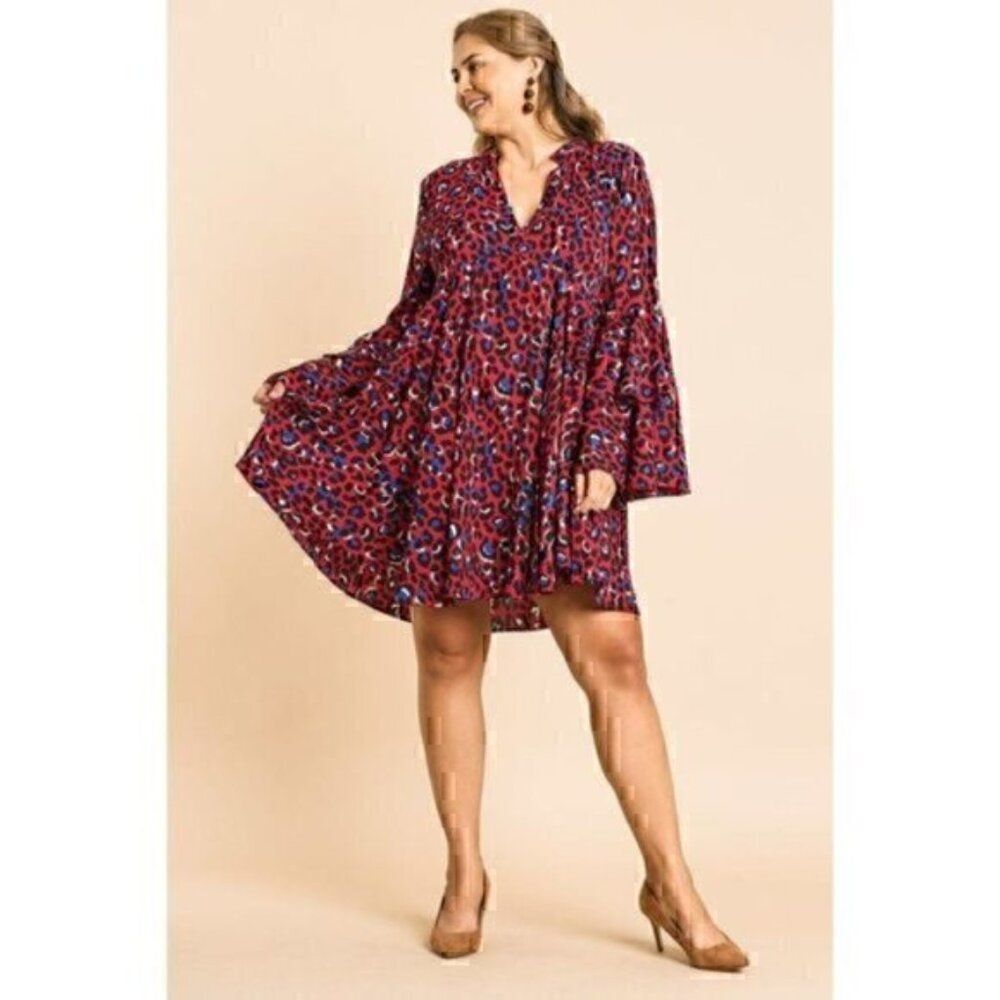 Red Leopard 70s V Neck  Tier  Hippie Bell Sleeve Bohemian Mini Dress M